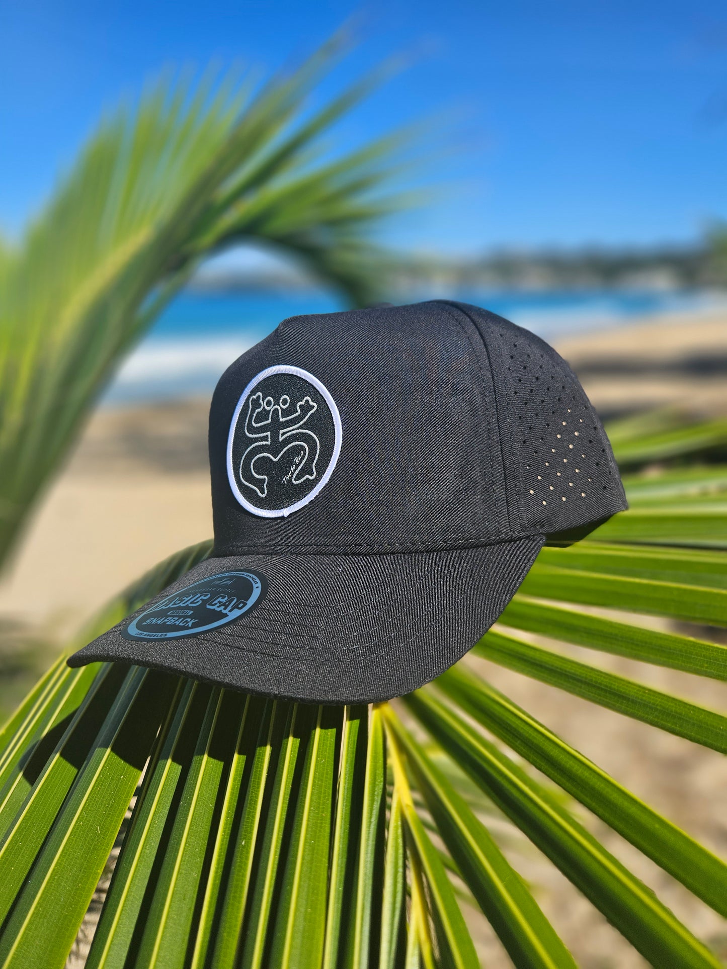Gorra de tela negra "Coqui taino blanco y negro"